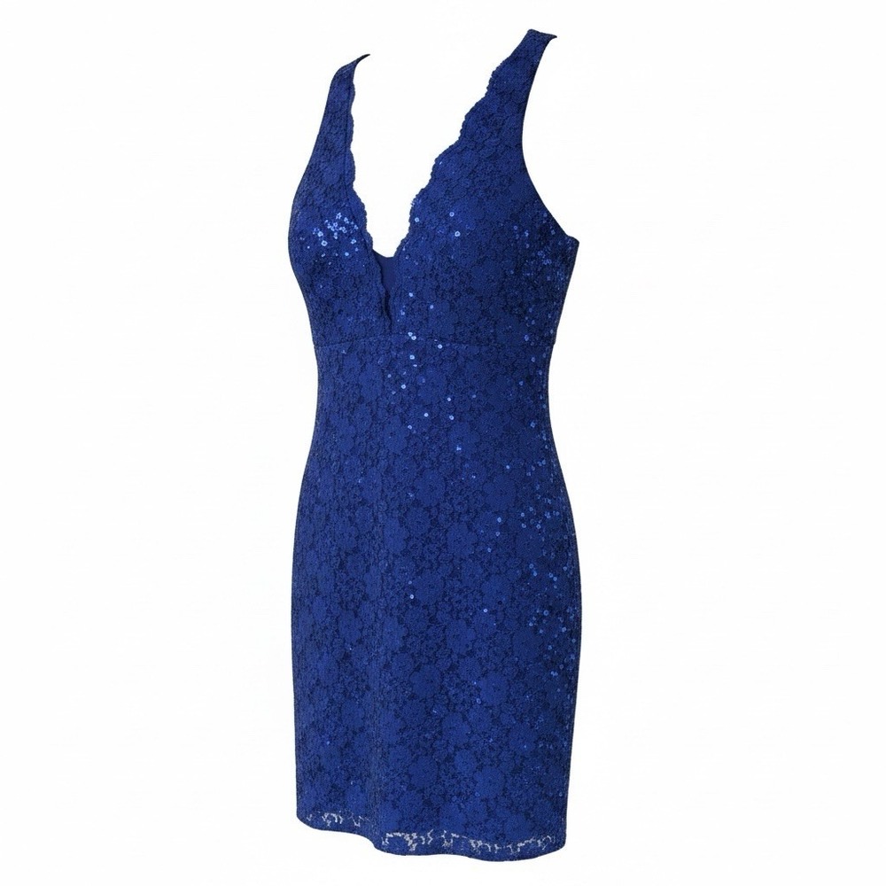 Night Way Formal Dress Womens 8 Blue Sequin Sleeveless Lace Sheath Bodycon Short
